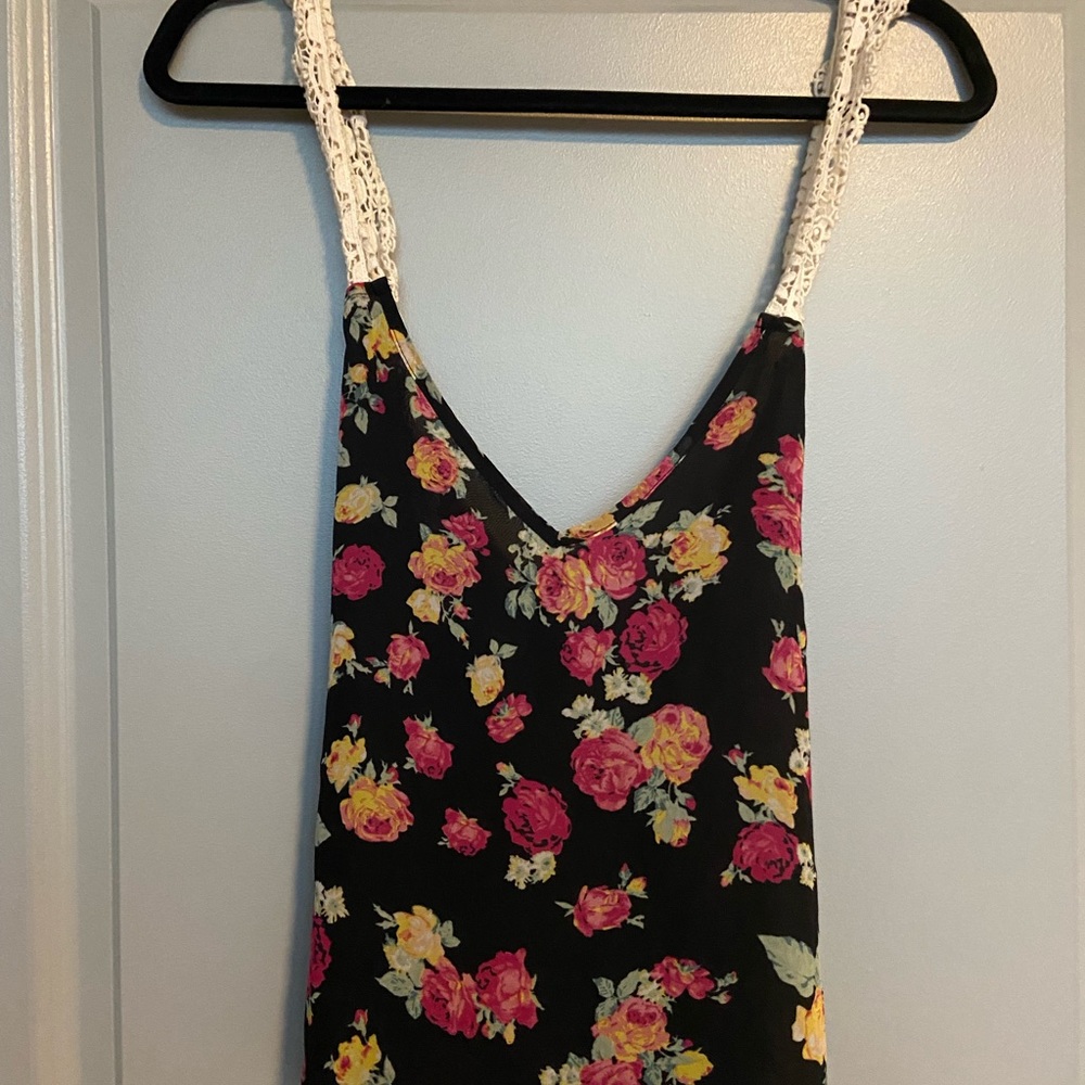 Black Sheer Floral Tank top with Lace Straps. Floral